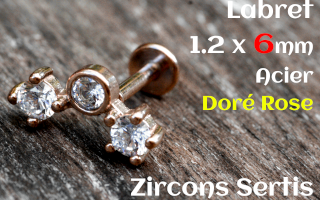 labret 1.2 x 6 - Acier dore rose - zircon sertis