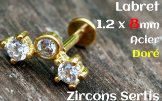 labret 1.2 x 8 - Acier dore - zircon sertis