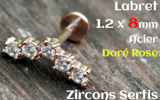 labret 1.2 x 8 - Acier dore rose - zircon sertis
