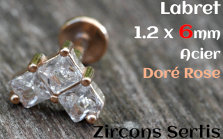 labret 1.2 x 6 - Acier dore rose - zircon sertis