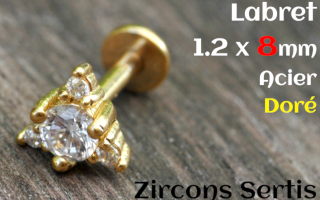 labret 1.2 x 8 - Acier dore - zircon sertis