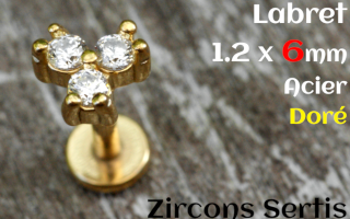 labret 1.2 x 6 - Acier dore - zircon sertis