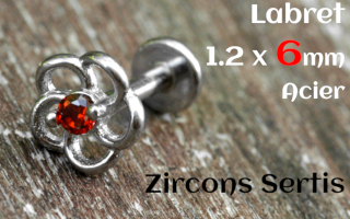 labret 1.2 x 6 - Acier - zircon sertis- fleur
