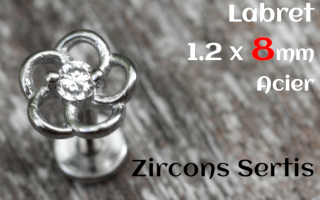 labret 1.2 x 8 - Acier - zircon sertis- fleur