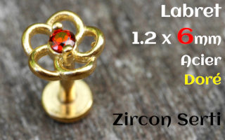 labret 1.2 x 6 - Acier dore - zircon sertis- fleur