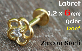 labret 1.2 x 6 - Acier dore - zircon sertis- fleur