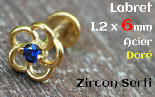 labret 1.2 x 6 - Acier dore - zircon sertis- fleur