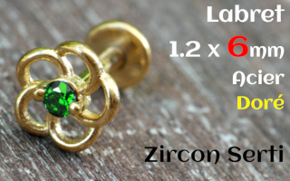labret 1.2 x 6 - Acier dore - zircon sertis- fleur