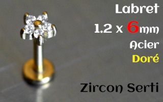 labret 1.2 x 6 - Acier dore - zircon sertis- etoile