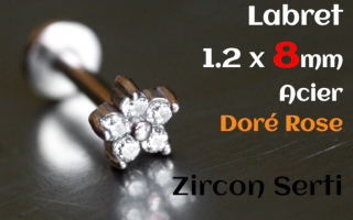 labret 1.2 x 8 - Acier dore rose - zircon sertis- etoile