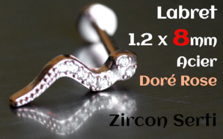 labret 1.2 x 8 serpent Acier Rose dore - zircon cristal