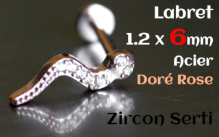 labret 1.2 x 6 serpent Acier Rose dore - zircon cristal