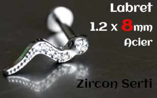 labret 1.2 x 8 serpent Acier - zircon cristal