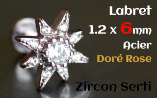 labret 1.2 x 6 Acier Dore Rose- zircon serti