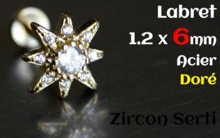 labret 1.2 x 6 Acier Dore - zircon serti