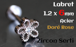 Labret 1.2 x 6 Acier Dore Rose- zircon sertis - fleur