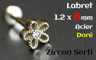 Labret 1.2 x 6 Acier Dore - zircon sertis - fleur