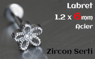 Labret 1.2 x 6 Acier - zircon sertis - fleur