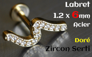 Labret 1.2 x 6 Acier Dore - zircon sertis