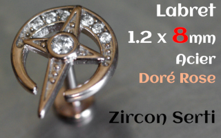 Labret 1.2 x 8 Acier dore Rose- zircon sertis