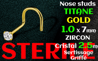 Nose stud titane doré STERILE 1.0 x 7 - zircon griffe cristal 2.5 mm