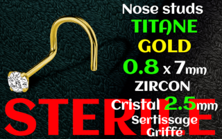 Nose stud titane doré STERILE 0.8 x 7 - zircon griffe cristal 2.5 mm