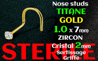 Nose stud titane doré STERILE 1.0 x 7 - zircon griffe cristal 2 mm