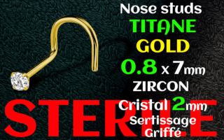 Nose stud titane doré STERILE 0.8 x 7 - zircon griffe cristal 2 mm