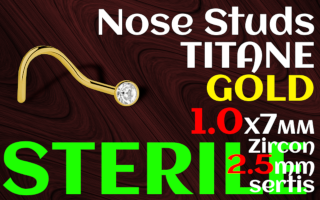 Nose stud titane doré STERILE 1.0 x 7 - zircon serti clos cristal 2.5 mm