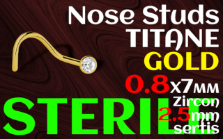 Nose stud titane doré STERILE 0.8 x 7 - zircon serti clos cristal 2.5 mm
