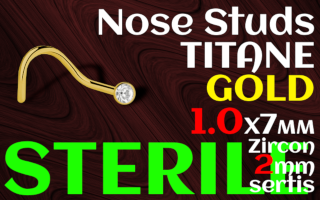 Nose stud titane doré STERILE 1.0 x 7 - zircon serti clos cristal 2 mm
