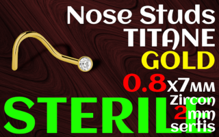 Nose stud titane doré STERILE 0.8 x 7 - zircon serti clos cristal 2 mm