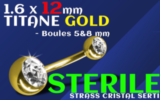 Banane titane GOLD gr23 double strass cristal serti -1.6 x 12 - boule 5 et 8 mm