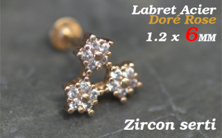 labret acier 1.2 x 6 acier dore rose - zircons sertis