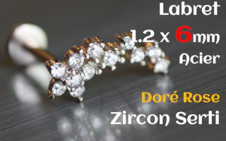 labret 1.2 x 6 acier dore Rose- zircon serti