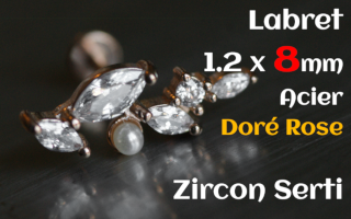 labret 1.2 x 8 acier Dore Rose- zircon serti
