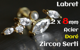 labret 1.2 x 8 acier Dore- zircon serti