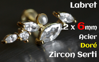 labret 1.2 x 6 acier Dore- zircon serti