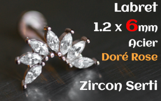 labret 1.2 x 6 acier Dore Rose- zircon serti