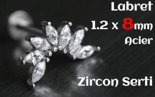 labret 1.2 x 8 acier- zircon serti