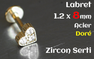 labret 1.2 x 8 acier Dore- zircon serti - coeur