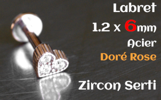 labret 1.2 x 6 acier Dore Rose- zircon serti - coeur