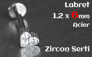 labret 1.2 x 6 acier - zircon serti - coeur