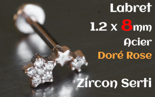 labret 1.2 x 8 acier Dore Rose - zircon serti - etoile