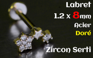 labret 1.2 x 8 acier Dore - zircon serti - etoile