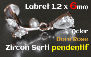 labret 1.2 x 6 Acier Dore Rose - zircon sertis pendentif