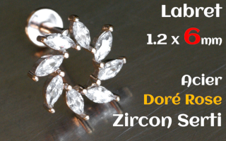 Labret 1.2 x 6 Acier Dore Rose - zircon serti