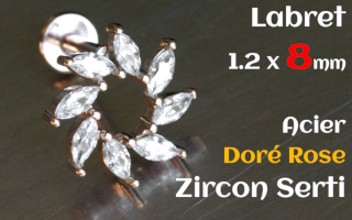 Labret 1.2 x 8 Acier Dore Rose - zircon serti