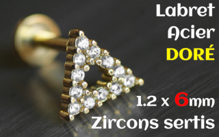 Labret Acier 1.2 x 6 Acier doré - zircons sertis