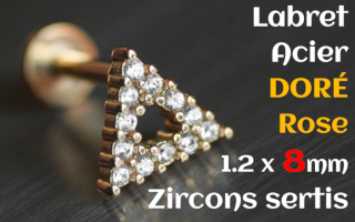Labret Acier 1.2 x 8 Acier doré Rose- zircons sertis
